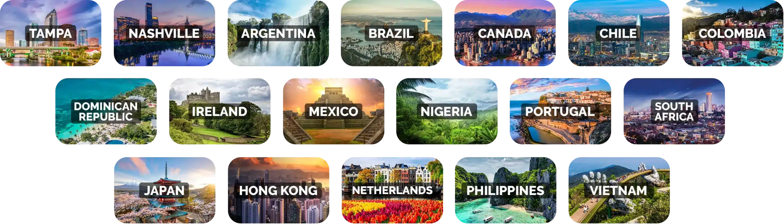A grid of cityscape and landscape photos, each labeled with a country or city name, from Tampa to Brazil, highlights symphonic offices around the world.