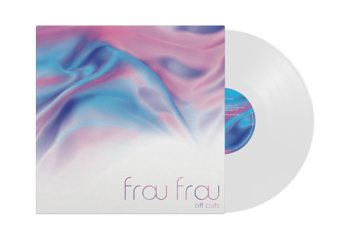 A clear vinyl record, a nod to physical music distribution, partially slides out from an album cover featuring a soft, abstract swirl of pink and blue with the text "Frou Frou off cuts" at the bottom.